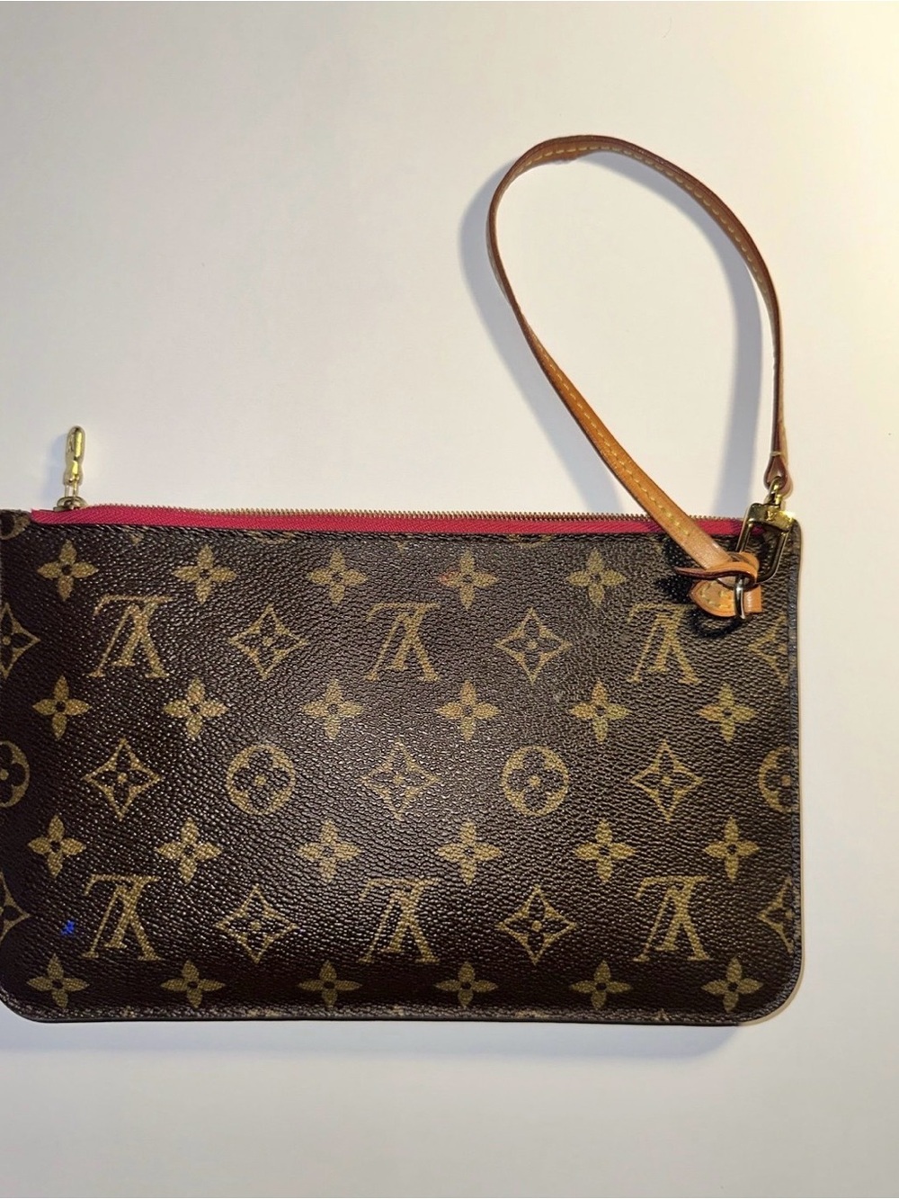Louis Vuitton Monogram Wristlet with Pink Zip and Natural Leather Strap